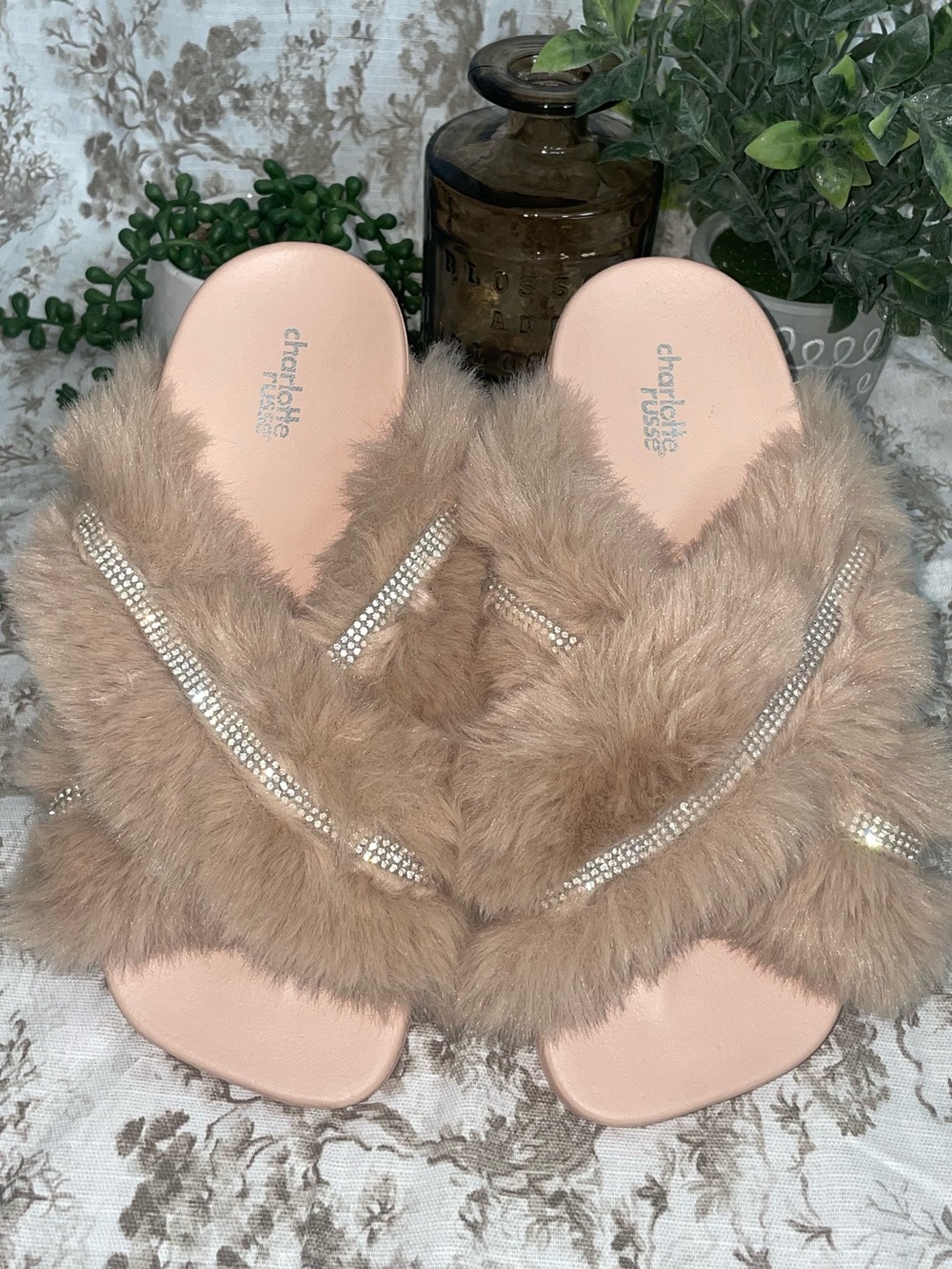 Charlotte Russe Fuzzy Slide Sandals in Nude Pink